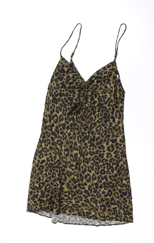 Zara Womens Brown Animal Print Viscose A-Line Size S V-Neck