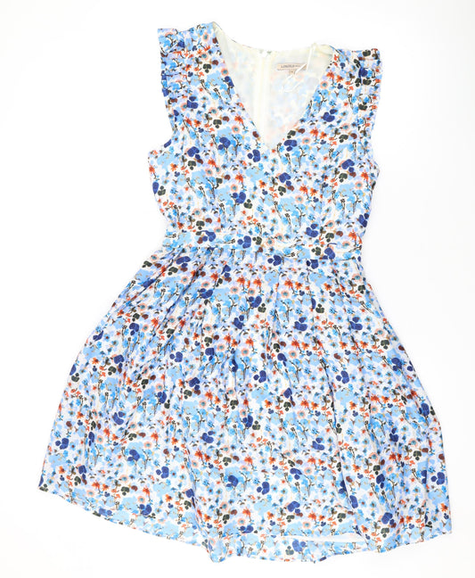 Marks and Spencer Womens Blue Floral Polyester Skater Dress Size 8 V-Neck Zip