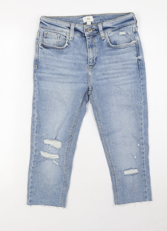 River Island Womens Blue Cotton Cropped Jeans Size 10 Regular Zip - Inside Leg 18inc. Raw Hem