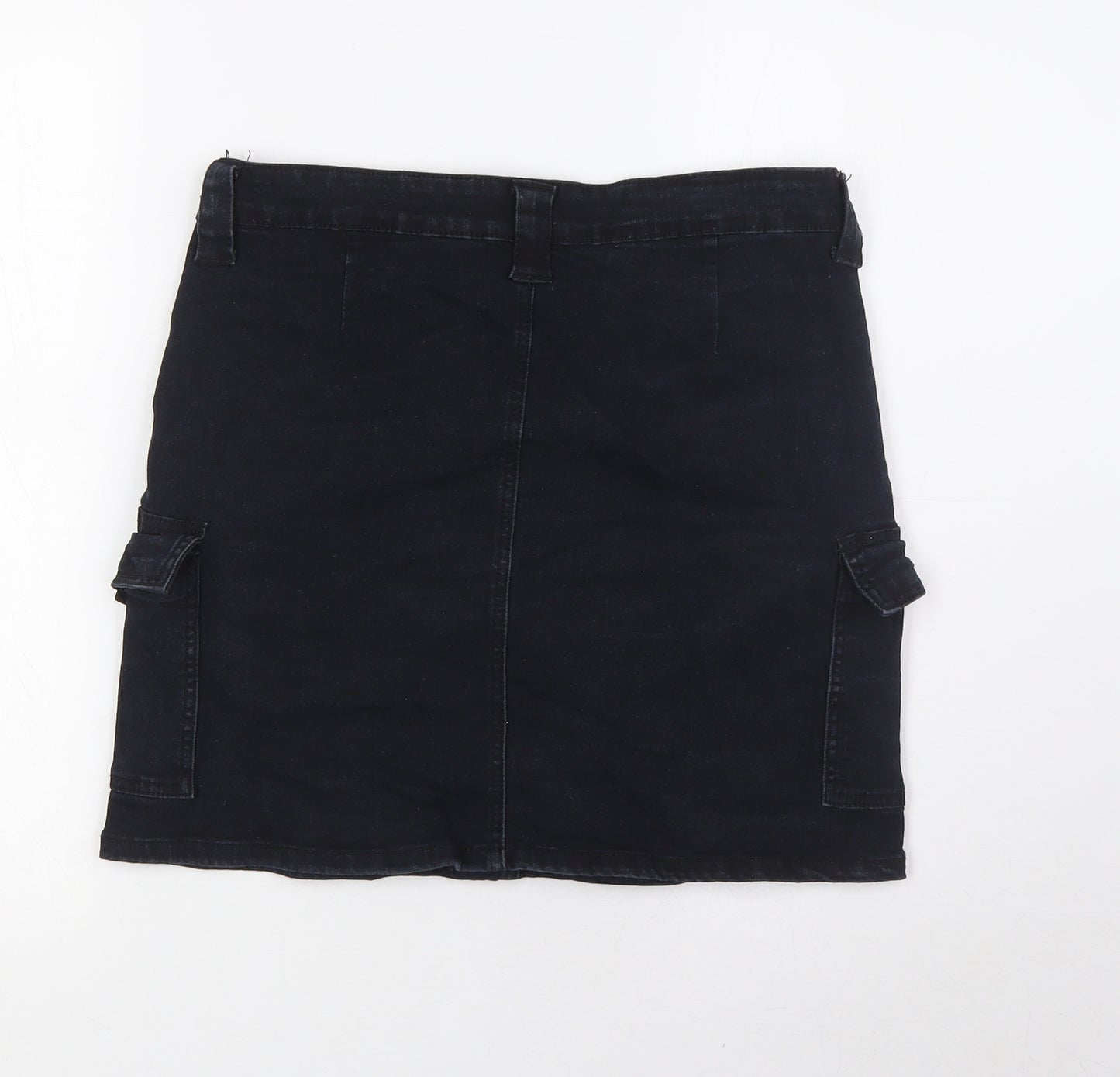 PRETTYLITTLETHING Womens Black Cotton A-Line Skirt Size 12 Zip - Pockets