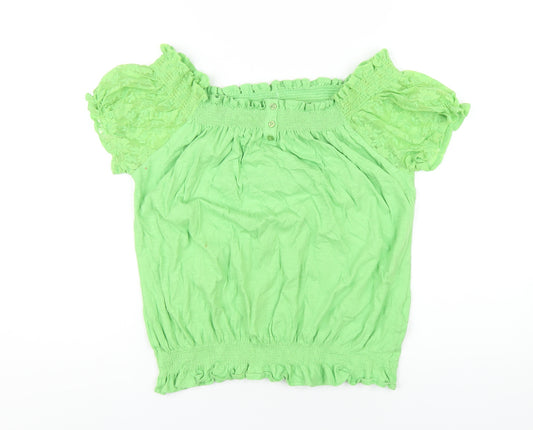 NEXT Womens Green Cotton Basic T-Shirt Size 16 Off the Shoulder - Lace Sleeves, Flared Sleeves