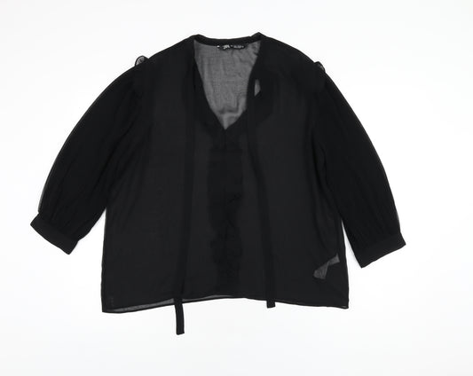 Zara Womens Black Polyester Basic Blouse Size L V-Neck