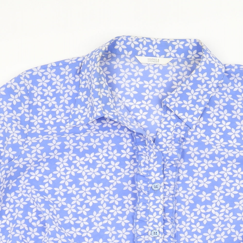 Marks and Spencer Womens Blue Floral Polyester Basic Button-Up Size 18 Collared