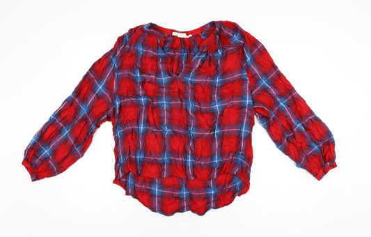 H&M Womens Red Plaid Viscose Basic T-Shirt Size 12 V-Neck