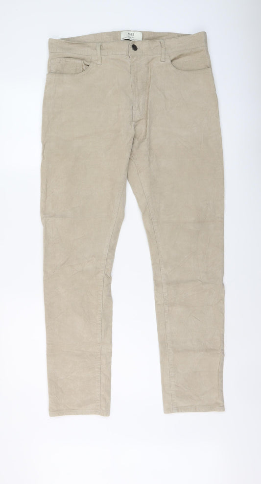 Marks and Spencer Mens Beige Cotton Trousers Size 34 in L31 in Slim Button