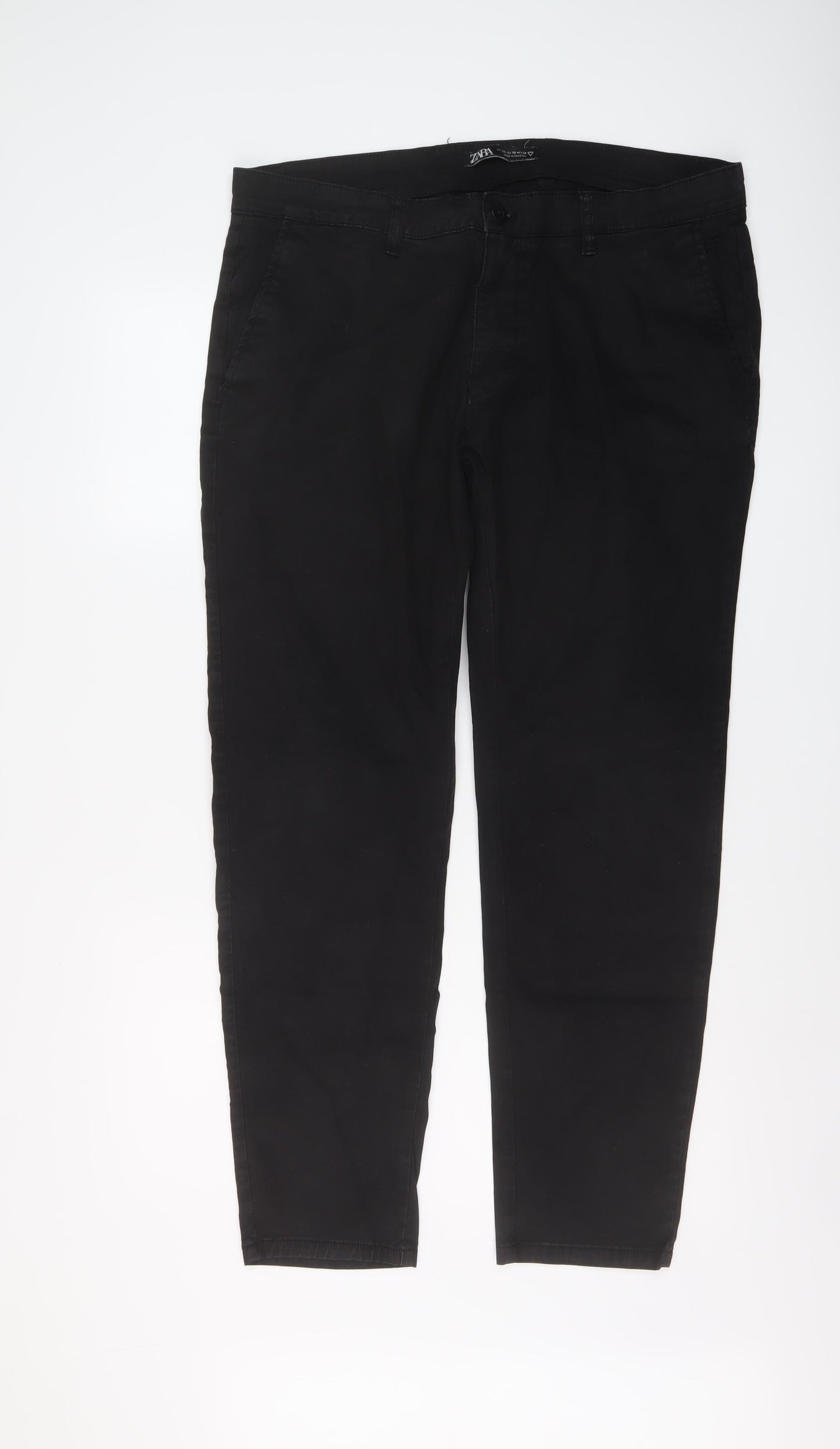 Zara Mens Black Cotton Trousers Size 36 in L29 in Regular Button