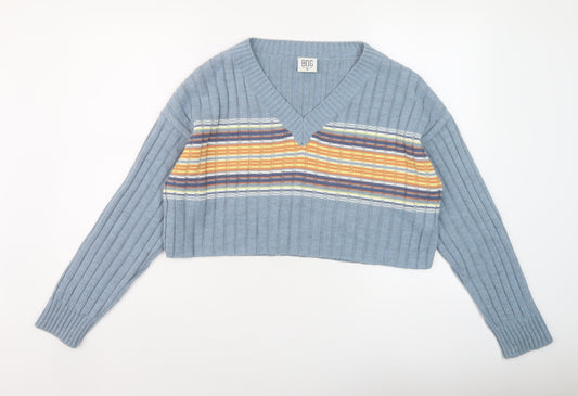 BDG Womens Blue V-Neck Striped Acrylic Pullover Jumper Size M