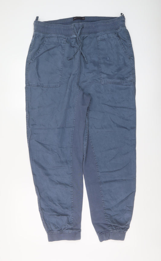 Marks and Spencer Womens Blue Lyocell Jogger Trousers Size 14 L28 in Regular Drawstring