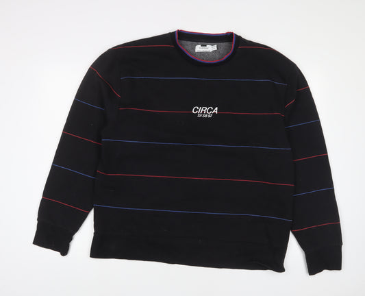 Topman Mens Black Striped Cotton Pullover Sweatshirt Size XL - Embroidered