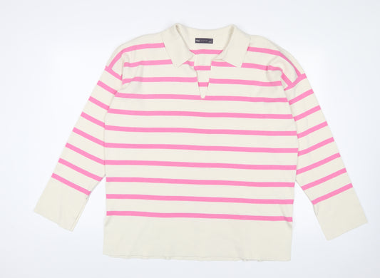 Marks and Spencer Womens Pink Collared Striped Cotton Pullover Jumper Size L