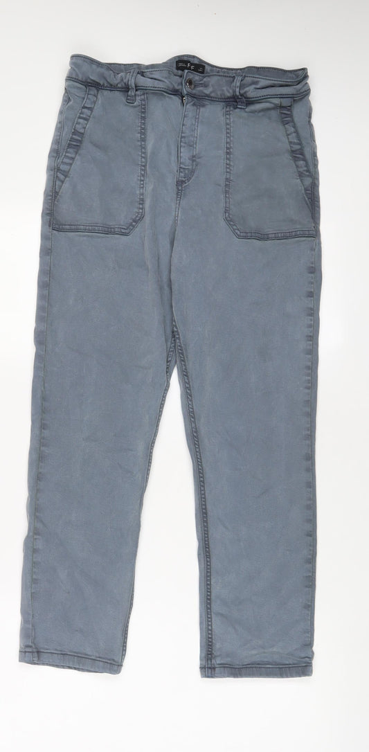 F&F Womens Blue Cotton Straight Jeans Size 14 L26 in Regular Zip