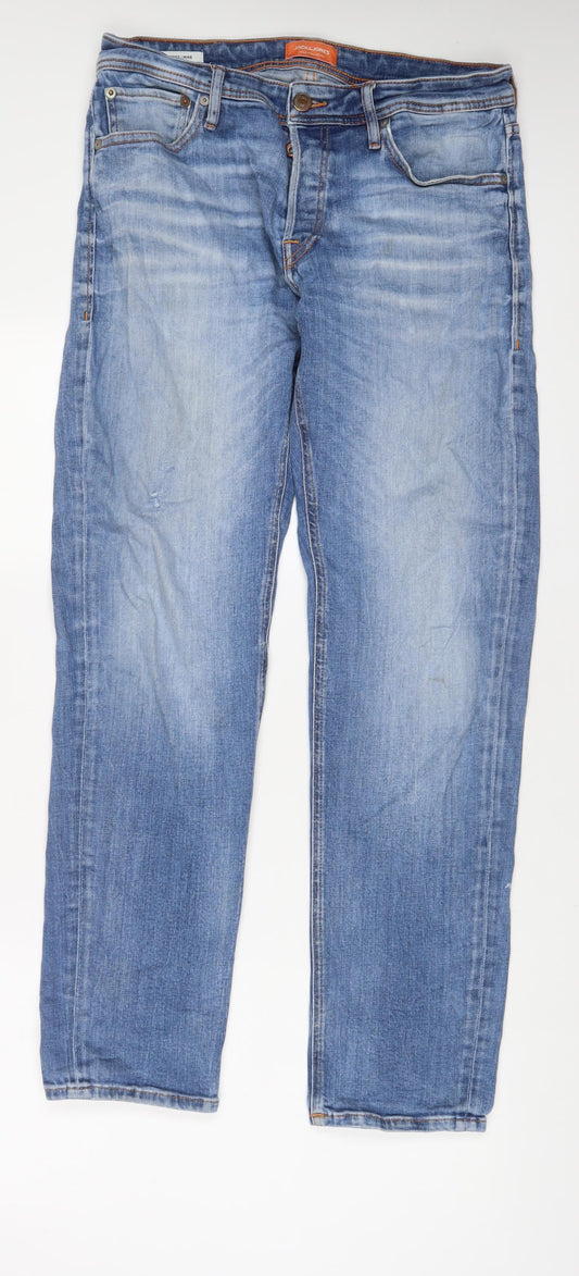 JACK & JONES Mens Blue Cotton Straight Jeans Size 32 in L32 in Regular Zip