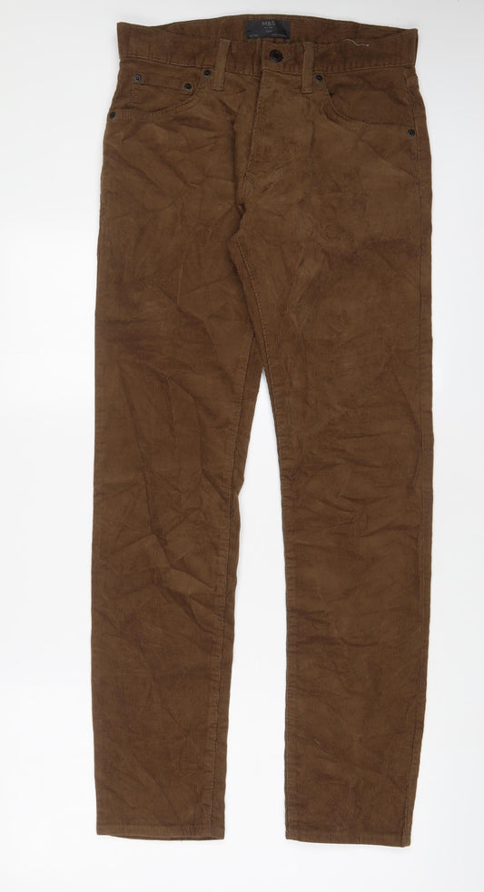 Marks and Spencer Mens Brown Cotton Trousers Size 30 in L33 in Slim Zip - Long Leg