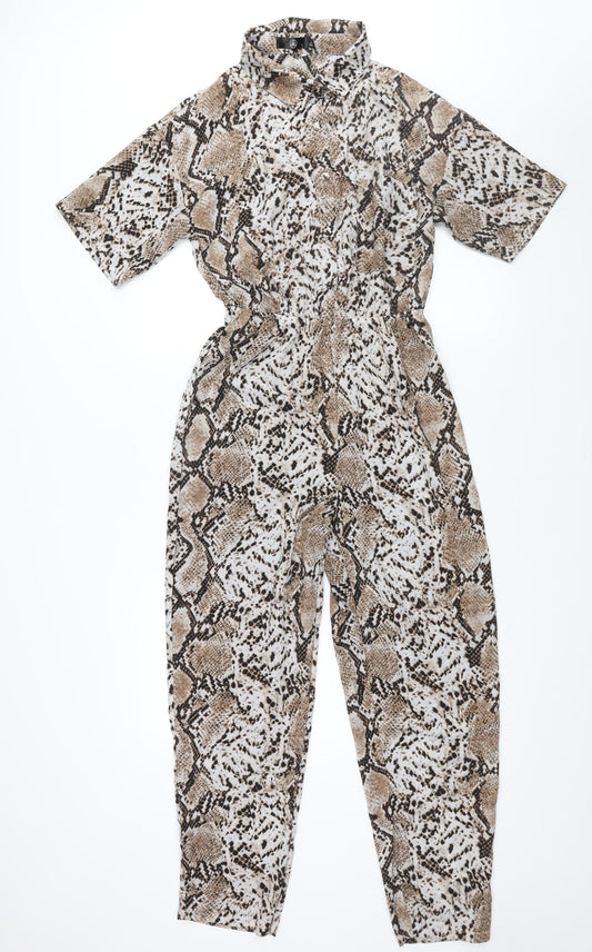 Missguided Womens Beige Animal Print Polyester Jumpsuit One-Piece Size 12 L27 in Button - Snake Print