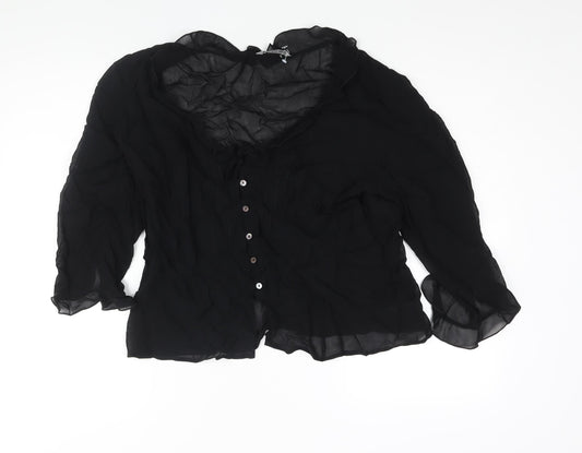 Marks and Spencer Womens Black Viscose Basic Blouse Size 18 V-Neck - Semi Sheer Frill Bow