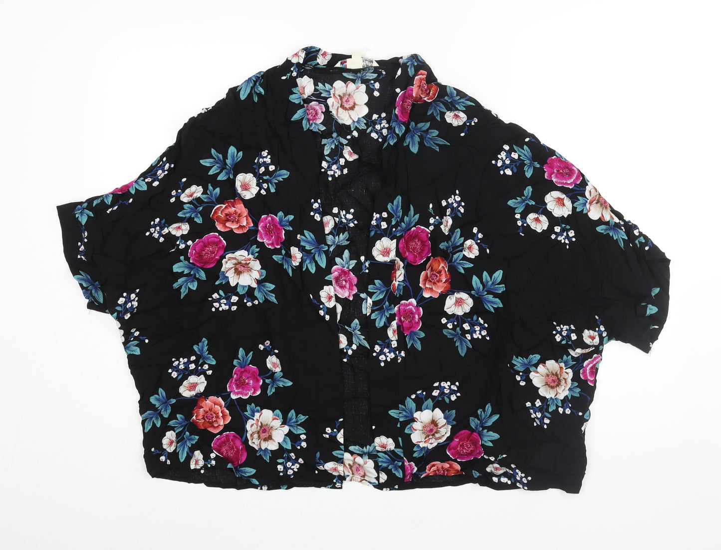 Yumi Womens Black Floral Viscose Kimono Blouse Size S V-Neck - Size S-M