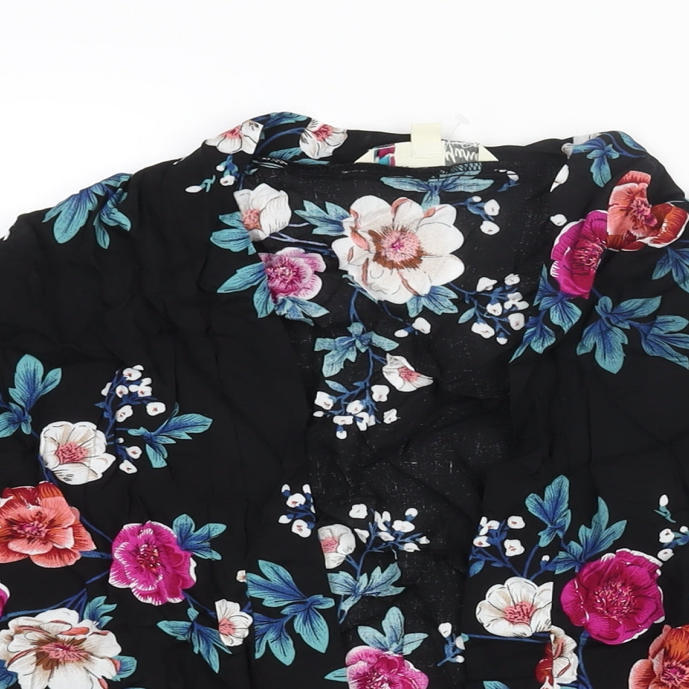 Yumi Womens Black Floral Viscose Kimono Blouse Size S V-Neck - Size S-M