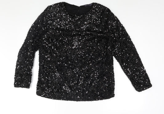 Marks and Spencer Womens Black Polyester Basic Blouse Size 12 Round Neck - Sequin