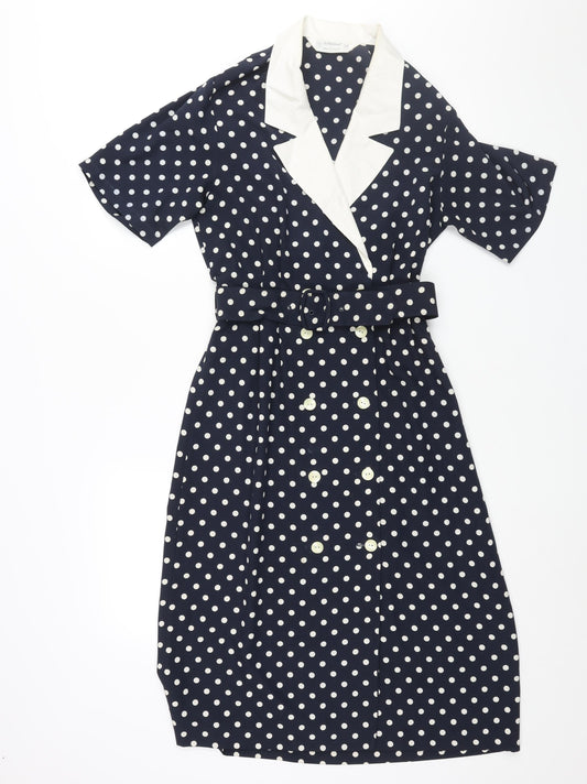 St Michael Womens Blue Polka Dot Polyester Shift Size 10 Collared Button - Belted Shoulder Pads