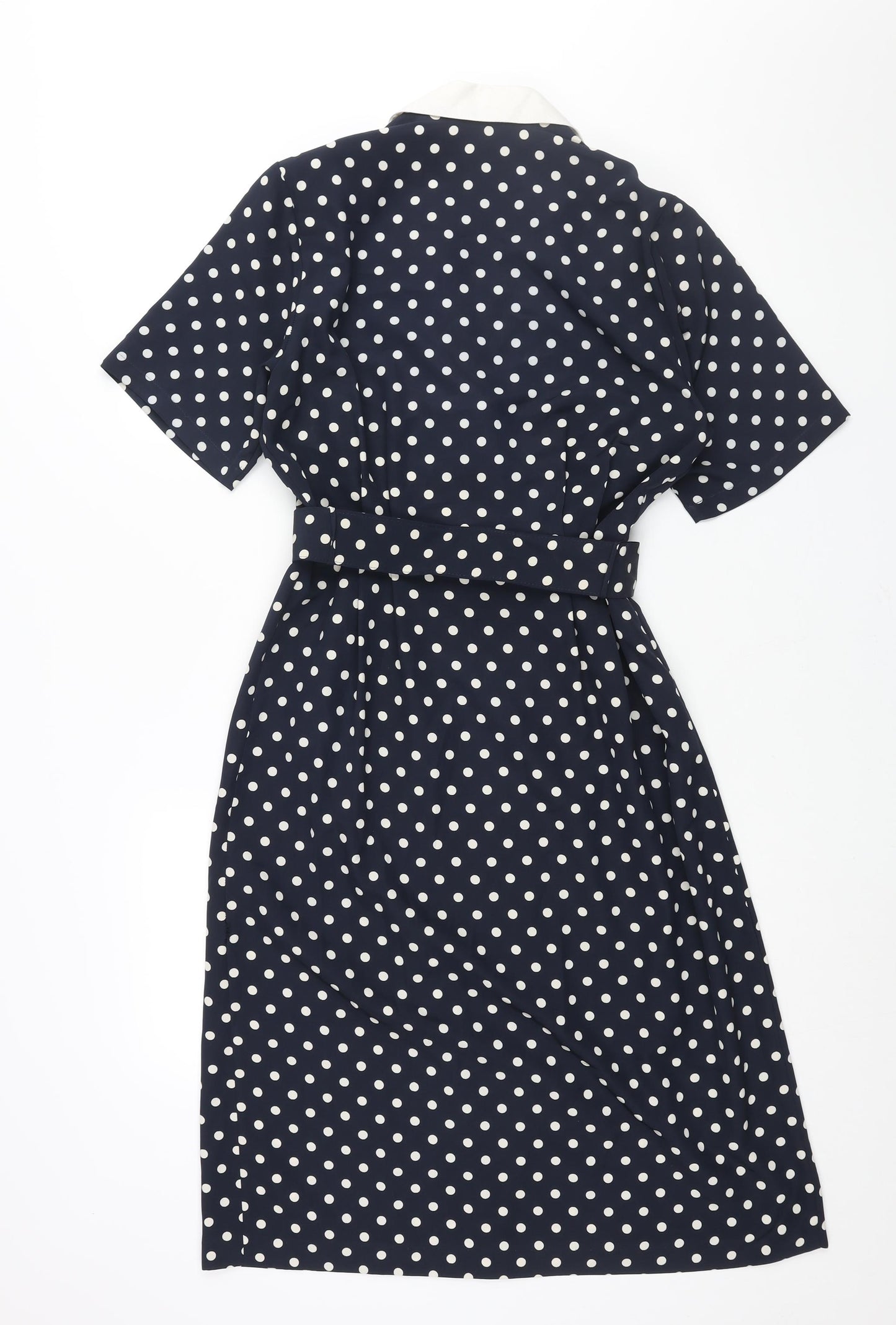 St Michael Womens Blue Polka Dot Polyester Shift Size 10 Collared Button - Belted Shoulder Pads