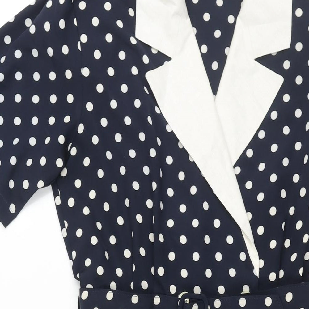 St Michael Womens Blue Polka Dot Polyester Shift Size 10 Collared Button - Belted Shoulder Pads