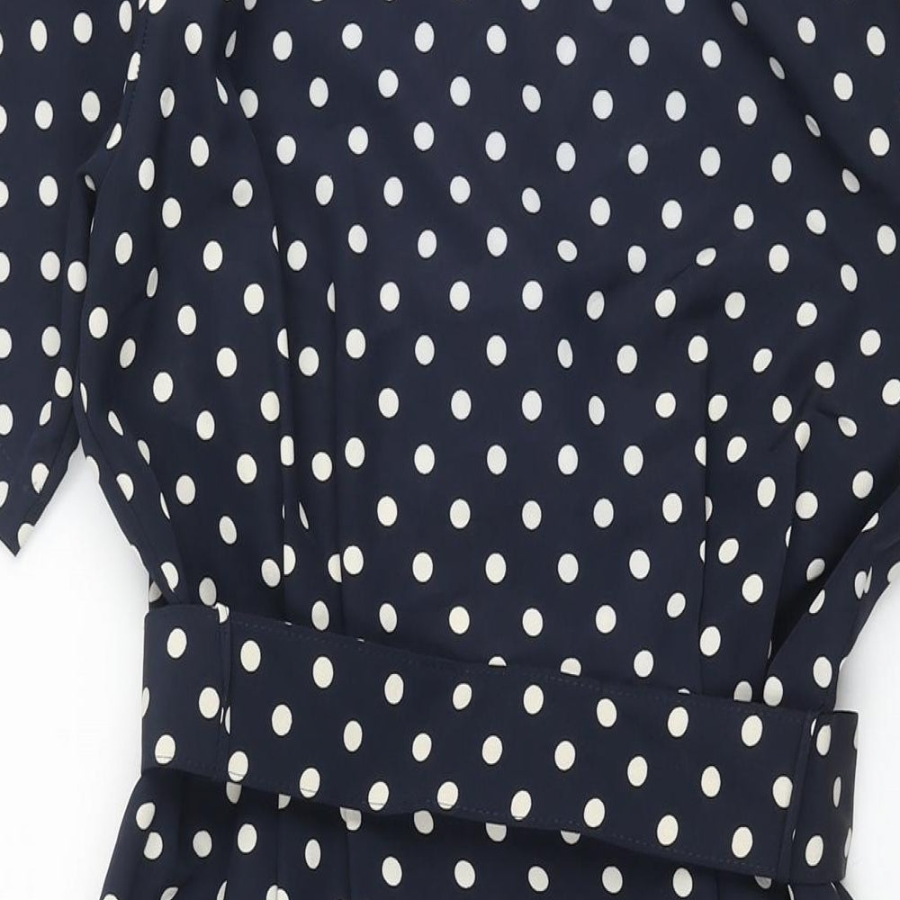 St Michael Womens Blue Polka Dot Polyester Shift Size 10 Collared Button - Belted Shoulder Pads