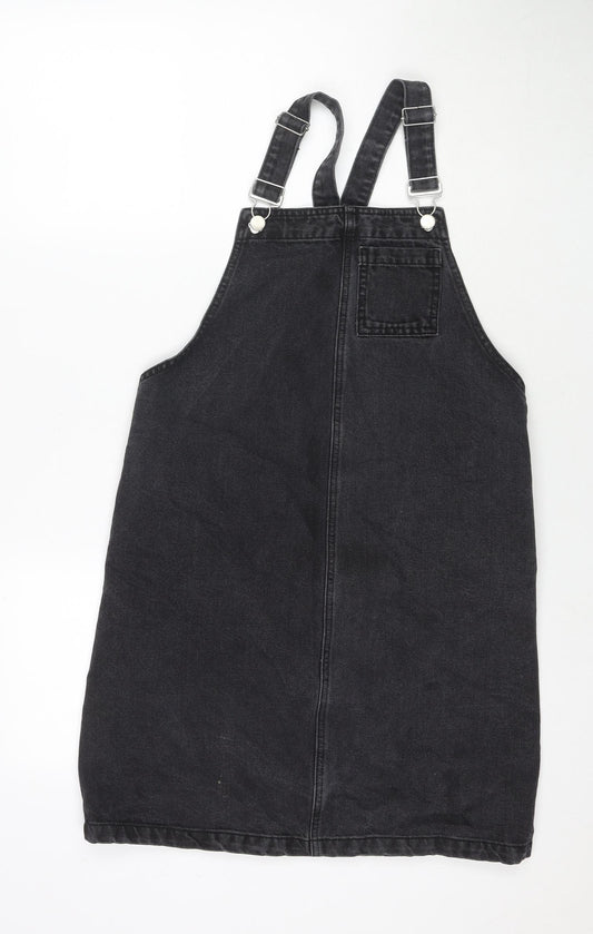 TU Womens Black Cotton Pinafore/Dungaree Dress Size 8 Square Neck Buckle