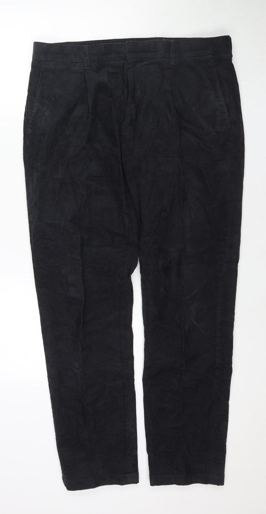 Marks and Spencer Mens Black Cotton Trousers Size 34 in L31 in Regular Zip