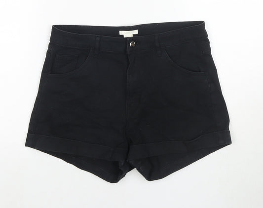 H&M Womens Black Cotton Hot Pants Shorts Size 14 L3 in Regular Zip