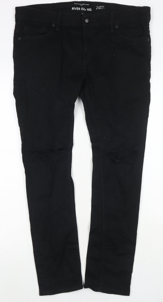 River Island Mens Black Cotton Skinny Jeans Size 32 in L30 in Regular Zip