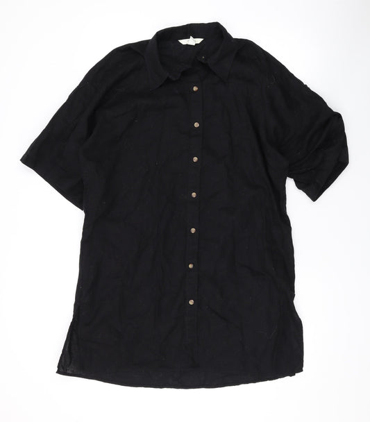 H&M Womens Black Linen Shirt Dress Size S Collared Button