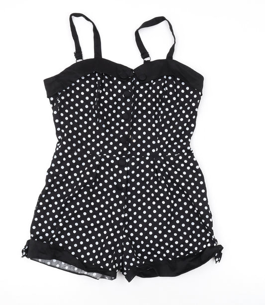 Voodoo Vixen Womens Black Polka Dot Cotton Playsuit One-Piece Size L Snap