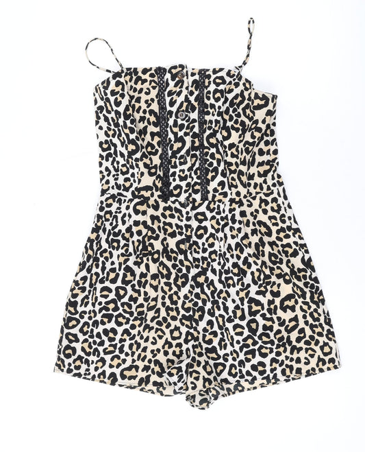 Topshop Womens Brown Animal Print Polyester Playsuit One-Piece Size 8 L3 in Button - Leopard Print