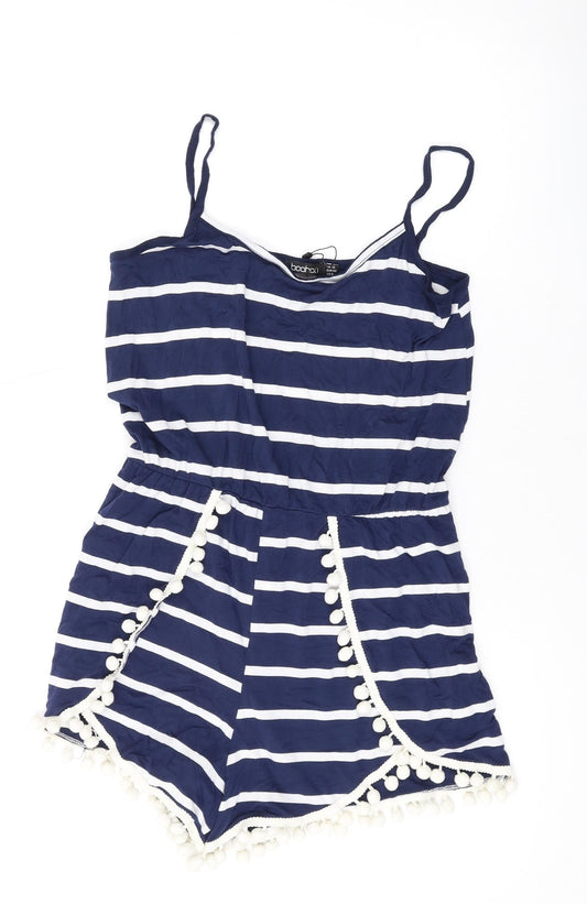 Boohoo Womens Blue Striped Cotton Playsuit One-Piece Size 12 L3 in Pullover