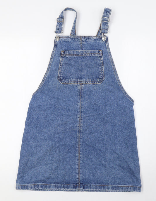 Topshop Womens Blue 100% Cotton Pinafore/Dungaree Dress Size 10 Square Neck