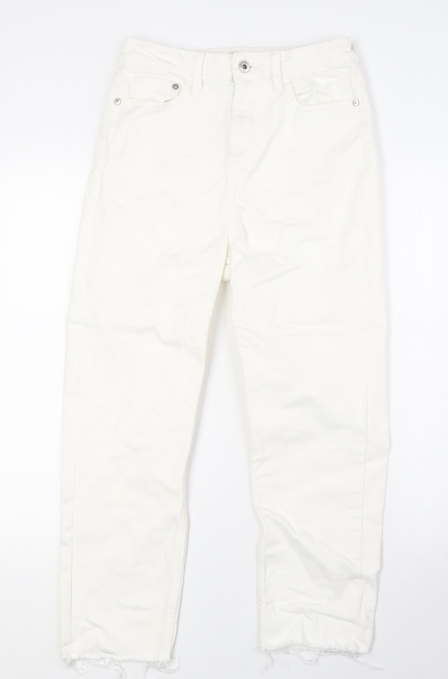 F&F Womens White Cotton Straight Jeans Size 8 L25 in Regular Zip - Raw Hem