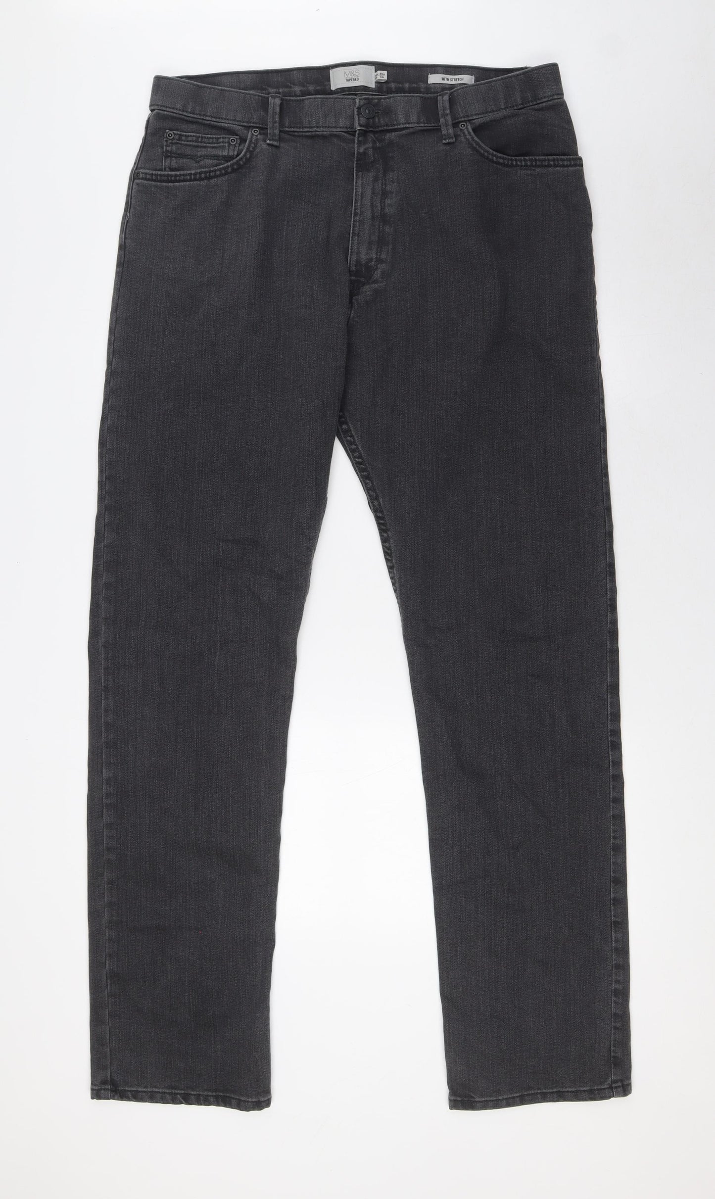 Marks and Spencer Mens Grey Cotton Tapered Jeans Size 36 in L33 in Regular Tie