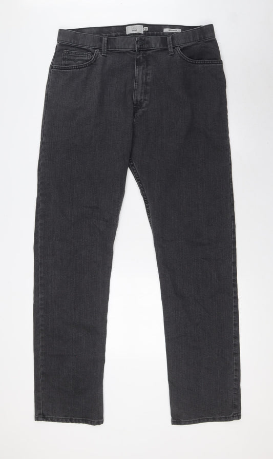 Marks and Spencer Mens Grey Cotton Tapered Jeans Size 36 in L33 in Regular Tie