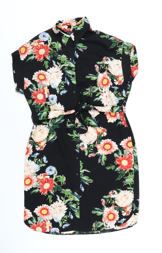 Dorothy Perkins Womens Black Floral Polyester Shirt Dress Size 10 Collared Button