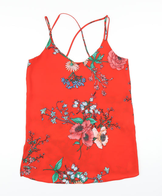 New Look Womens Red Floral Polyester Camisole T-Shirt Size 12 V-Neck