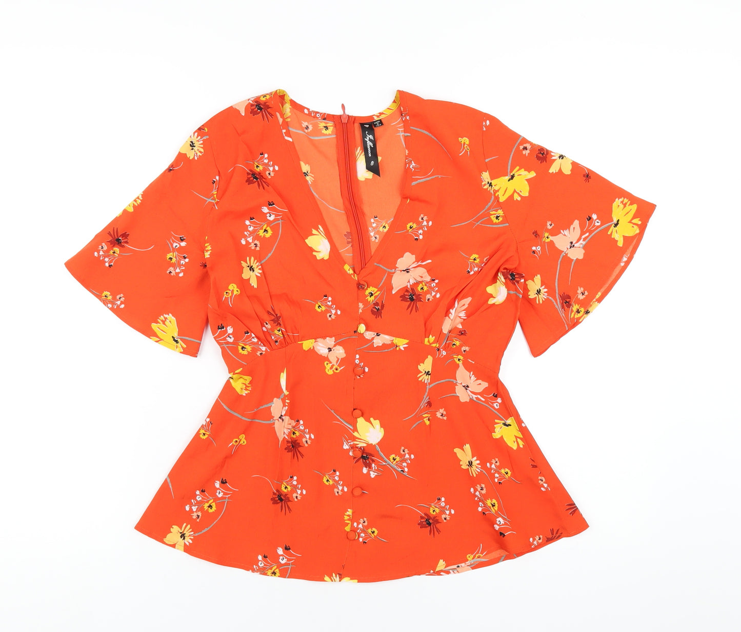 Influence Womens Orange Floral Polyester Basic T-Shirt Size 8 V-Neck