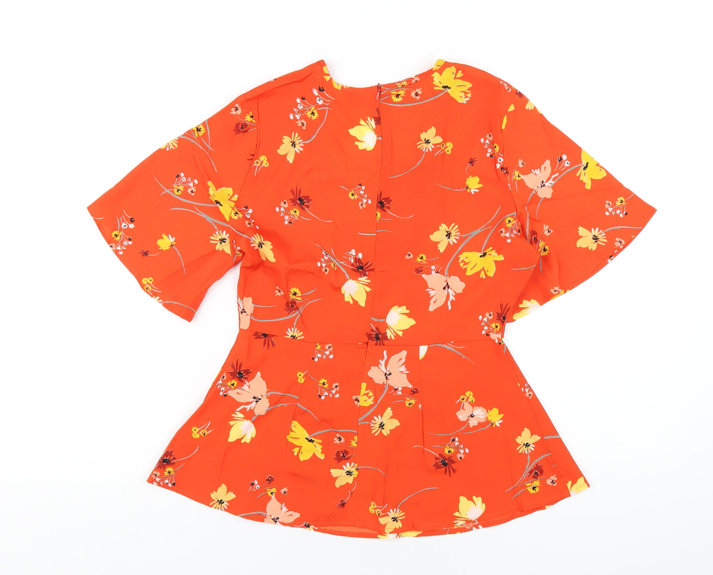 Influence Womens Orange Floral Polyester Basic T-Shirt Size 8 V-Neck