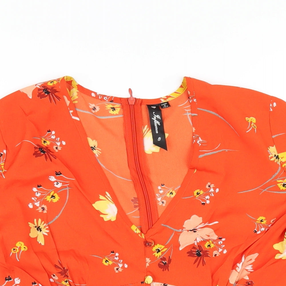 Influence Womens Orange Floral Polyester Basic T-Shirt Size 8 V-Neck