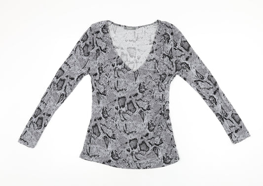 South Womens Grey Animal Print Viscose Basic T-Shirt Size 12 V-Neck - Snake Print