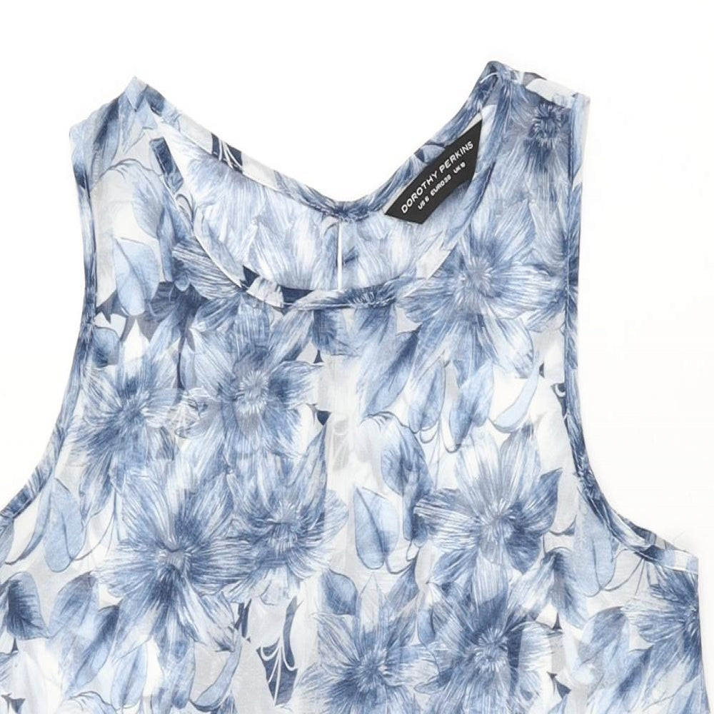 Dorothy Perkins Womens Blue Floral Polyester Basic T-Shirt Size 10 Scoop Neck - Sheer