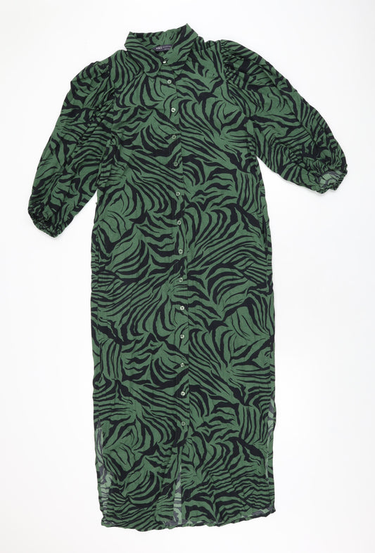 Marks and Spencer Womens Green Animal Print Viscose Shirt Dress Size 6 Collared Button