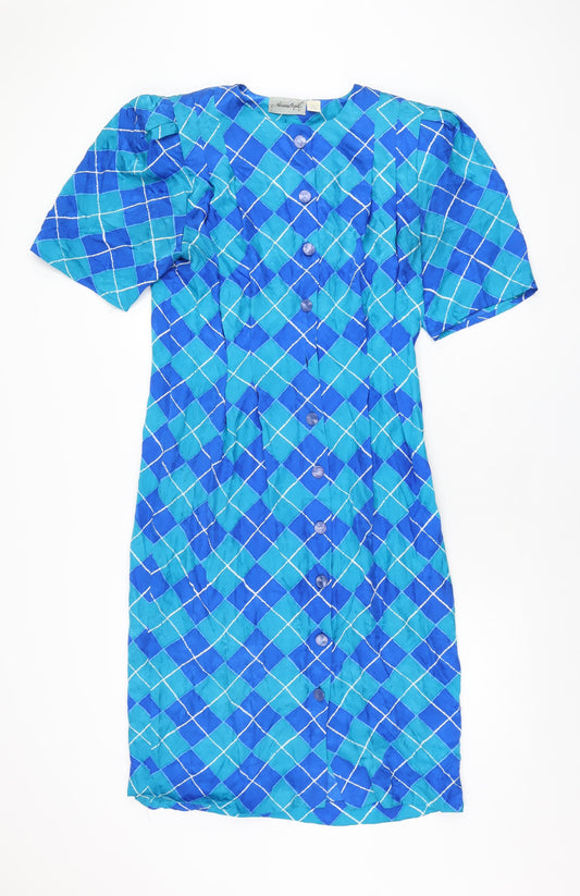 Adrianna Papell Womens Blue Geometric Silk Shift Size 10 Round Neck Button