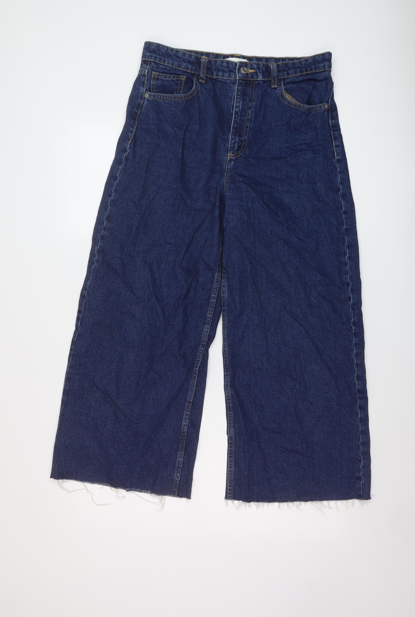 Zara Womens Blue Cotton Wide-Leg Jeans Size 12 L25 in Regular Button