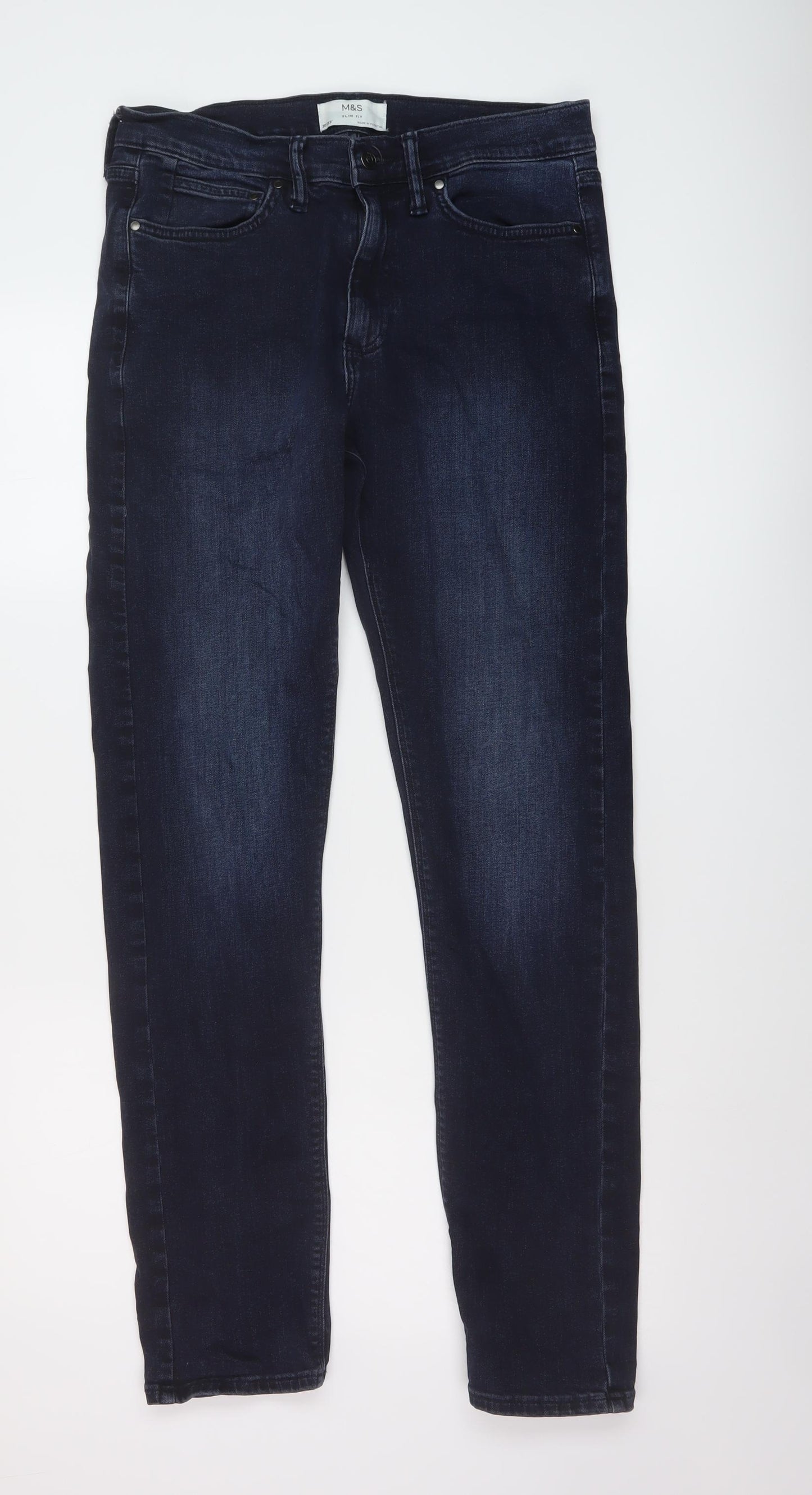 Marks and Spencer Mens Blue Cotton Straight Jeans Size 30 in L33 in Slim Button