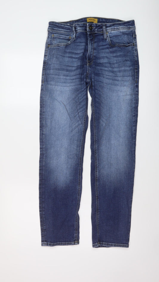 JACK & JONES Mens Blue Cotton Straight Jeans Size 32 in L30 in Regular Button